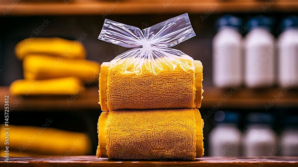 Poster stack of neatly packaged yellow towels in a cozy setting with shelves of folded towels behind