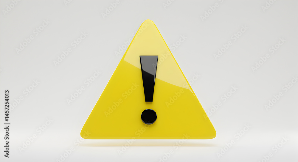 Poster vibrant yellow triangle with black exclamation mark symbol on neutral gray background for warning an