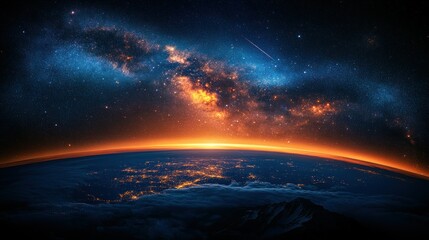 Naklejka premium Cosmic view of Earth, sunrise, clouds, Milky Way
