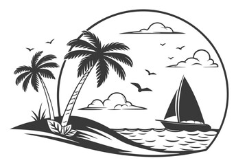 14 Black and white illustration, tropical island scene, circular composition, silhouette art, sailboat on waves, palm trees, stylized clouds, minimalist design, contrast, coastal landscape, graphic ar