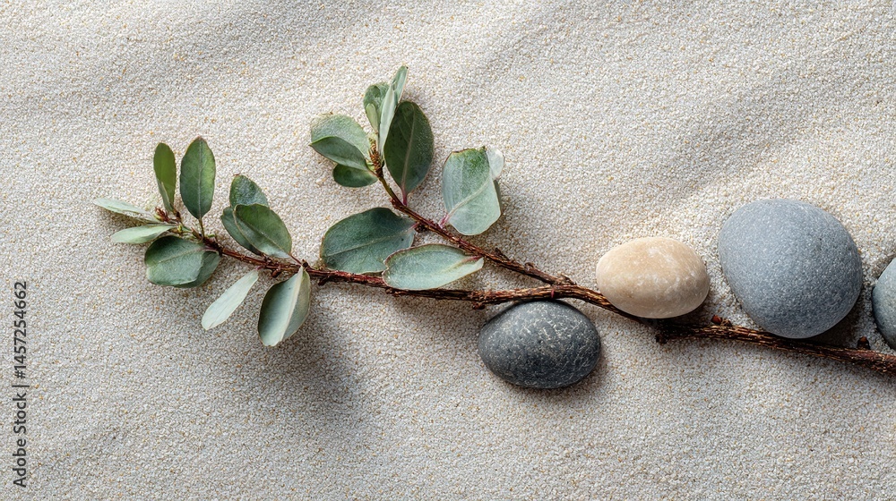 Poster elegant sage twig with pebbles on fine sand for minimalist design