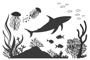 15 underwater scene, black and white illustration, silhouettes, whale, jellyfish, shark, small fish, seaweed, coral, ocean floor, marine life diversity, minimalist style, contrast, aquatic ecosystem, 