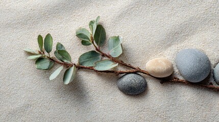 Elegant Sage Twig with Pebbles on Fine Sand for Minimalist Design