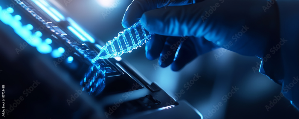 Poster scientist places dna sample into advanced futuristic analysis device in a high tech laboratory setti