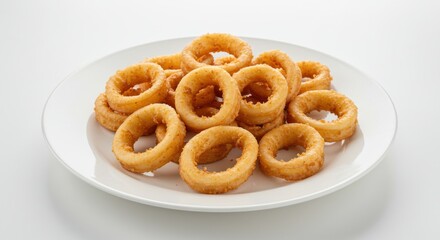 A pile of golden brown onion rings served on a white plate against a white background in a studio shot