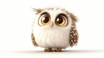 Naklejka premium Adorable, round cartoon owl with fluffy white feathers and big brown eyes. Cute bird