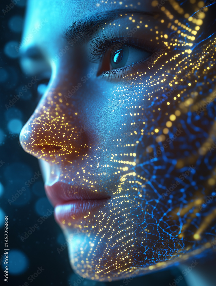 Poster morphing face blends into dna patterns, exploring the connection between humanity and genetics