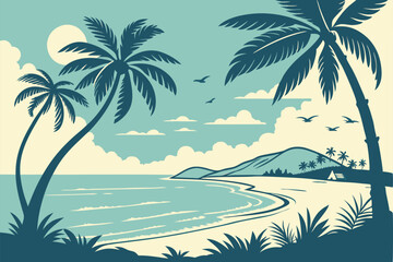 16 Tropical beach paradise, silhouetted palm trees, calm turquoise ocean, sandy shore, fluffy white clouds, bright blue sky, sunburst, tranquil island scenery, vector art style, minimalist landscape, 