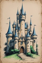 Obraz premium Intricate pencil-drawn fantasy castle showcasing vintage artistry and fine details against a pure white background.