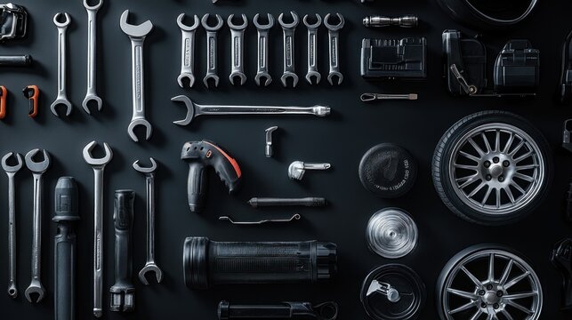 Organized collection of various tools and car parts on a black background