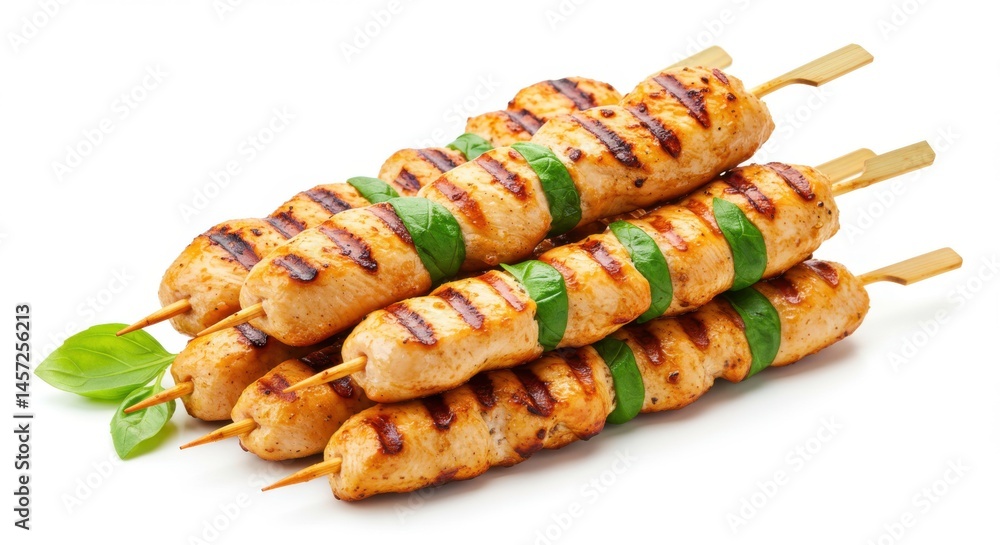 Poster a stack of grilled chicken skewers with basil leaves on a white background close up view delicious