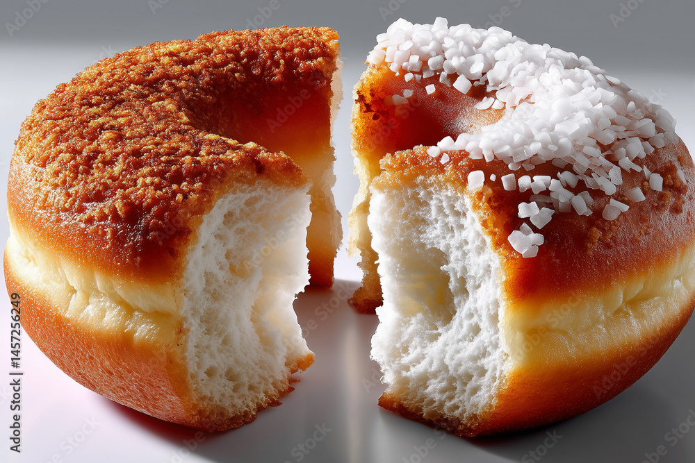 Poster minimalist photo of split open donut displaying creamy filling and contrasting toppings. soft white 