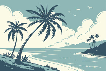 16 Tropical beach paradise, silhouetted palm trees, calm turquoise ocean, sandy shore, fluffy white clouds, bright blue sky, sunburst, tranquil island scenery, vector art style, minimalist landscape, 