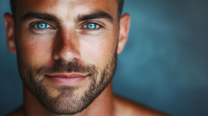 Obraz premium Man showcases radiant skin after gene based treatment in a close up portrait