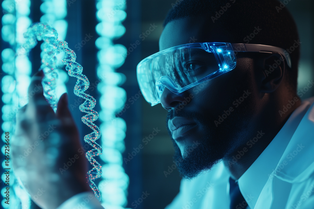 Poster scientist conducting dna comparison in a laboratory with illuminated strands of genetic material pre