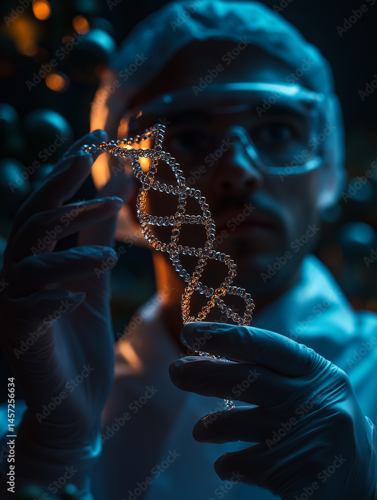 Poster scientist examines intricate dna origami structure in laboratory setting during evening