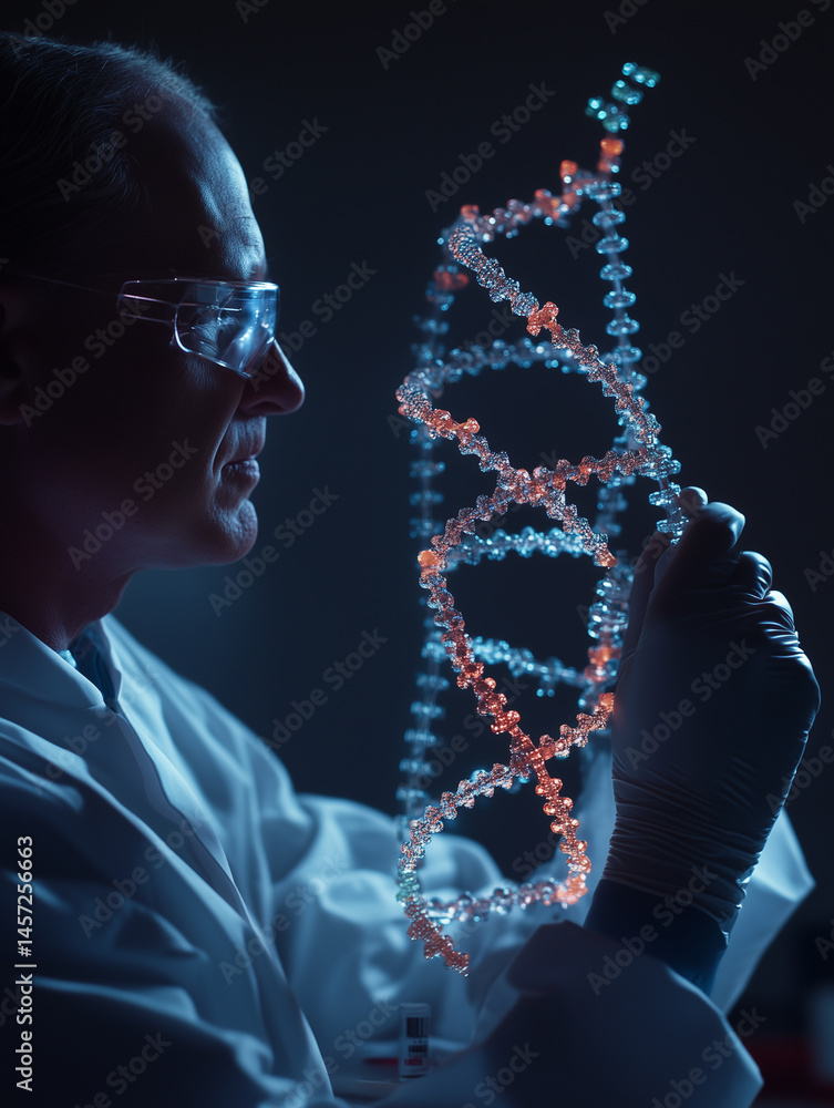 Poster scientist examines intricate dna origami structure in laboratory setting, showcasing advanced biotec