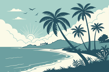 16 Tropical beach paradise, silhouetted palm trees, calm turquoise ocean, sandy shore, fluffy white clouds, bright blue sky, sunburst, tranquil island scenery, vector art style, minimalist landscape, 