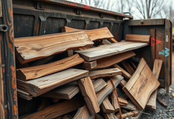 Heavily weathered, broken wooden shelves discarded in a dumpster,  worn wood,  discarded shelves