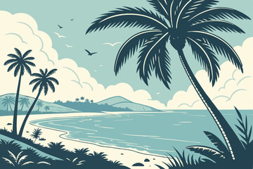 16 Tropical beach paradise, silhouetted palm trees, calm turquoise ocean, sandy shore, fluffy white clouds, bright blue sky, sunburst, tranquil island scenery, vector art style, minimalist landscape, 