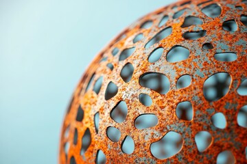 Close-up view of a rusted, patterned sphere.