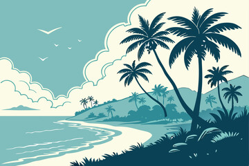 16 Tropical beach paradise, silhouetted palm trees, calm turquoise ocean, sandy shore, fluffy white clouds, bright blue sky, sunburst, tranquil island scenery, vector art style, minimalist landscape, 