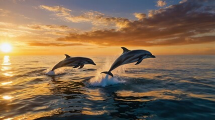 Two dolphins leap gracefully out of the ocean at sunset