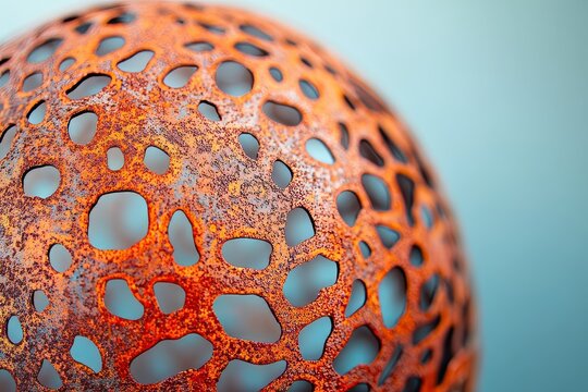 Close-up view of a rusty, patterned sphere.
