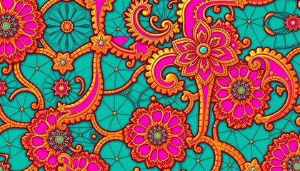 Intricate geometric patterns interwoven with biomorphic forms in bold teal, fuchsia, and gold hues, geometric, artwork