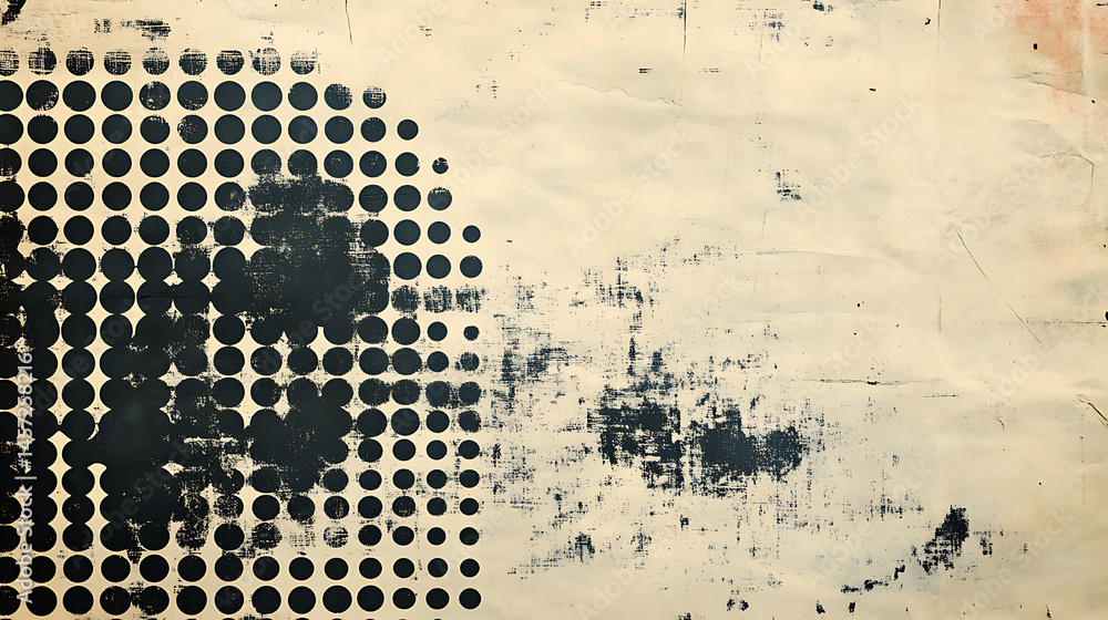 Poster abstract distressed background with black dots on creased off white paper showing aged texture creat