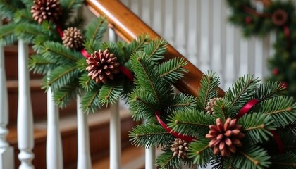 Festive holiday garland green burgundy decorating white staircase banister