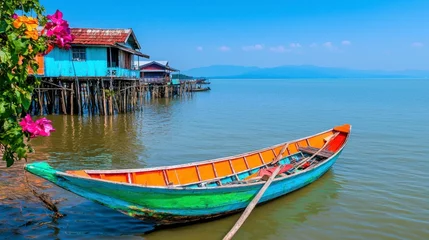 Papier peint photo intissé Vibrant Wooden Boat by Tranquil Lake near Colorful Stilt Houses