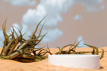 Desert scene with a twisted tree trunk and a white circular podium under a cloudy sky. 3d rendering