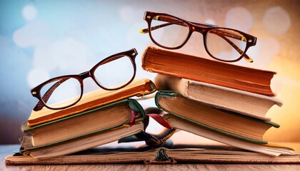 glasses on the books piled