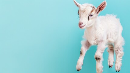 Fototapeta premium Adorable baby goat leaping with copy space