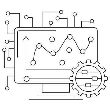 AI model fitting icon: computer screen with plotted curve, data points, and gear with sliders for parameter tuning. Vector pictogram, thin black lines, transparent background, editable line thickness