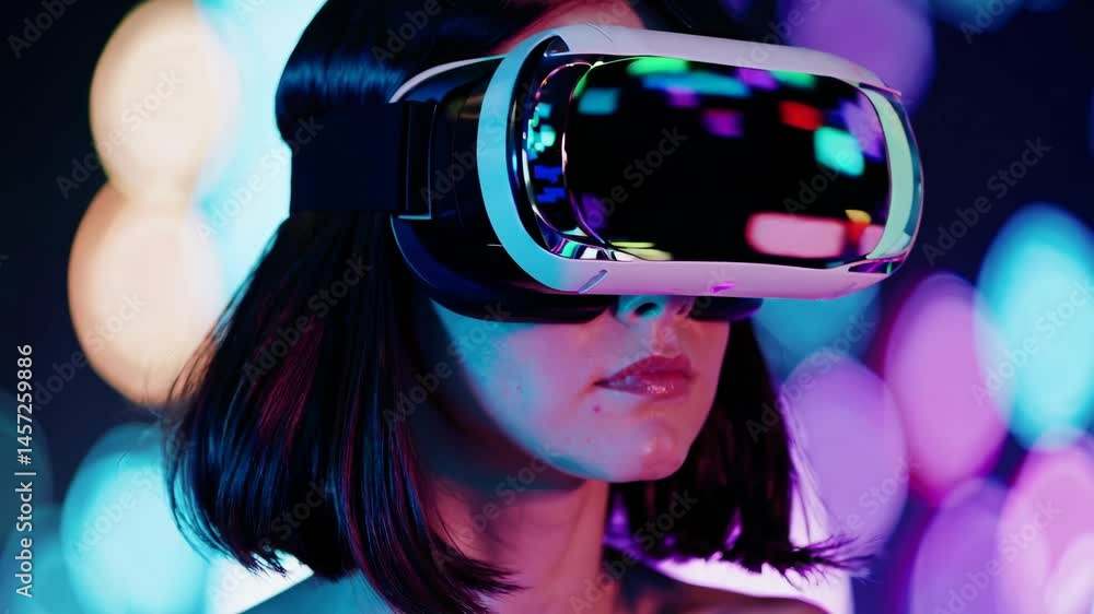Poster immersive virtual reality experience with colorful bokeh lights