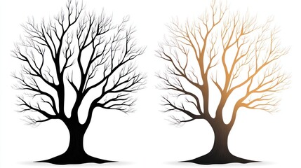 Obraz premium Silhouettes of bare trees side by side. One is black, the other is gradient brown to gold
