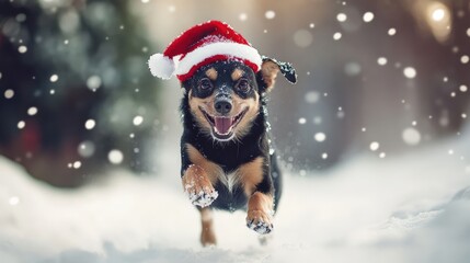 Playful canine in a festive hat running through snowy landscape.