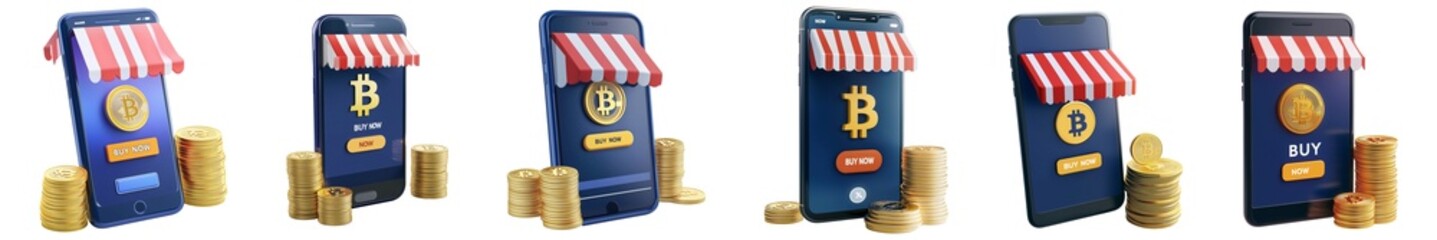 Bitcoin online shopping on smartphone with digital currency and market stall on transparent background