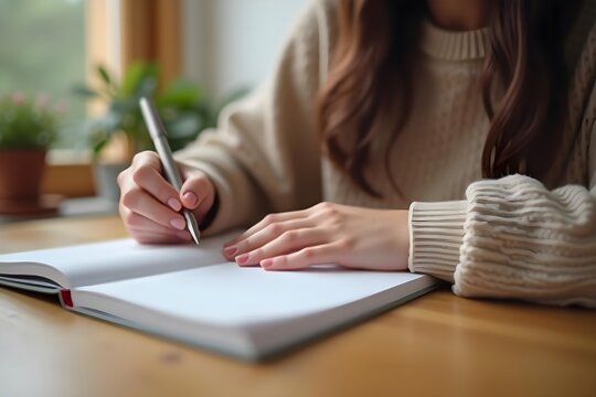 A Hand Writing in a Diary, Softly Blurred Background of a Cozy Home Office