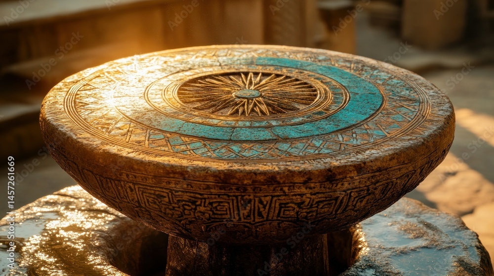 Poster an ornate stone table featuring intricate carved design patterns