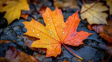 A vibrant orange maple leaf covered in glistening water droplets
