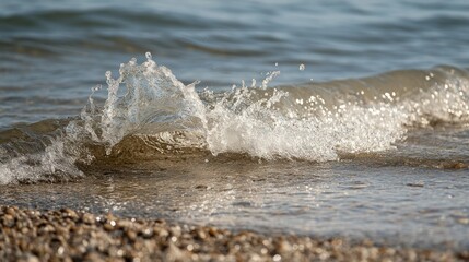 Close up view of a small wave splashing on the shore