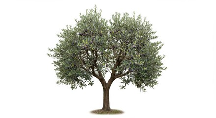 An isolated olive tree with green leaves and ripe olives against a bright white background space