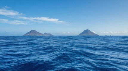 Blue ocean waters with mountainous islands under a clear sky