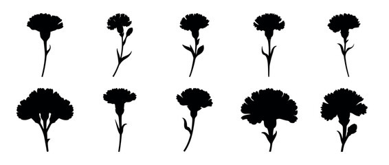 Ten Carnation Flower Silhouettes in Various Shapes and Arrangements on White Background