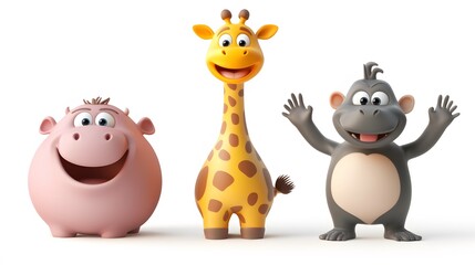 Fototapeta premium Three cartoon animals in a playful arrangement against a plain background.
