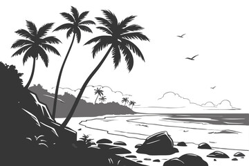 19 Beach landscape, tropical paradise, black and white illustration, palm trees, rocky shore, ocean waves, cloudy sky, silhouette, coastal scenery, minimalist design, tranquil atmosphere, line art, sc