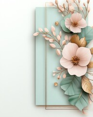 Wedding invitation with pastel watercolor flowers and gold details, space for writing a message.